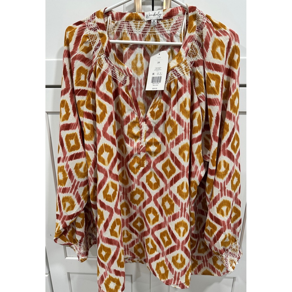 Wonderly Womens 3X Plus Size Bohemian Blouse Top Long Sleeve V Neck Fall